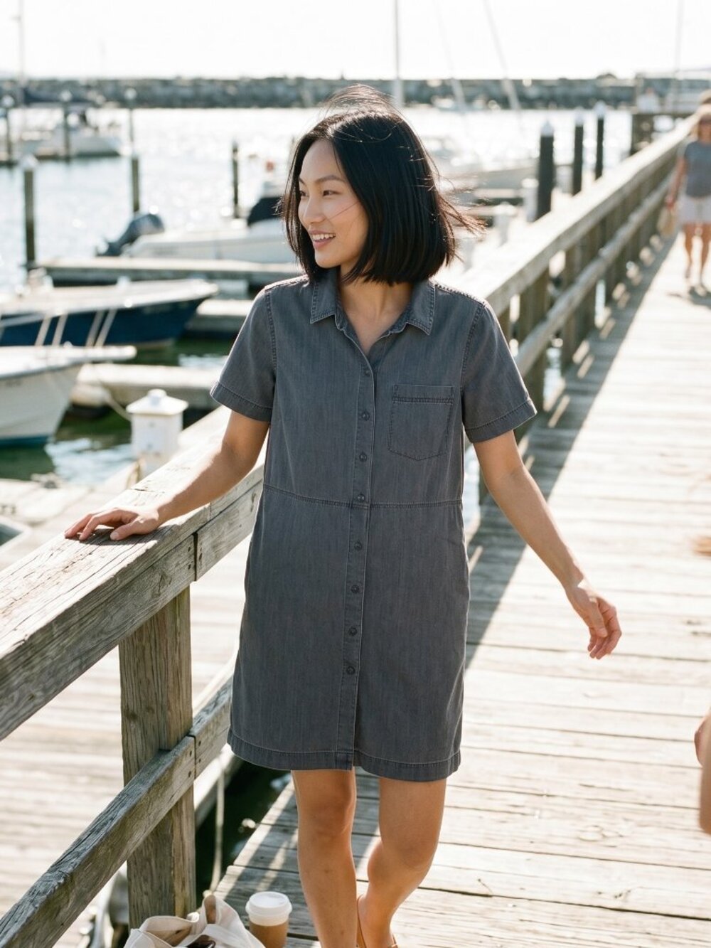 Madewell Charcoal Gray Waisted Button-Front Short Sleeve Shirt Dress NEW!
